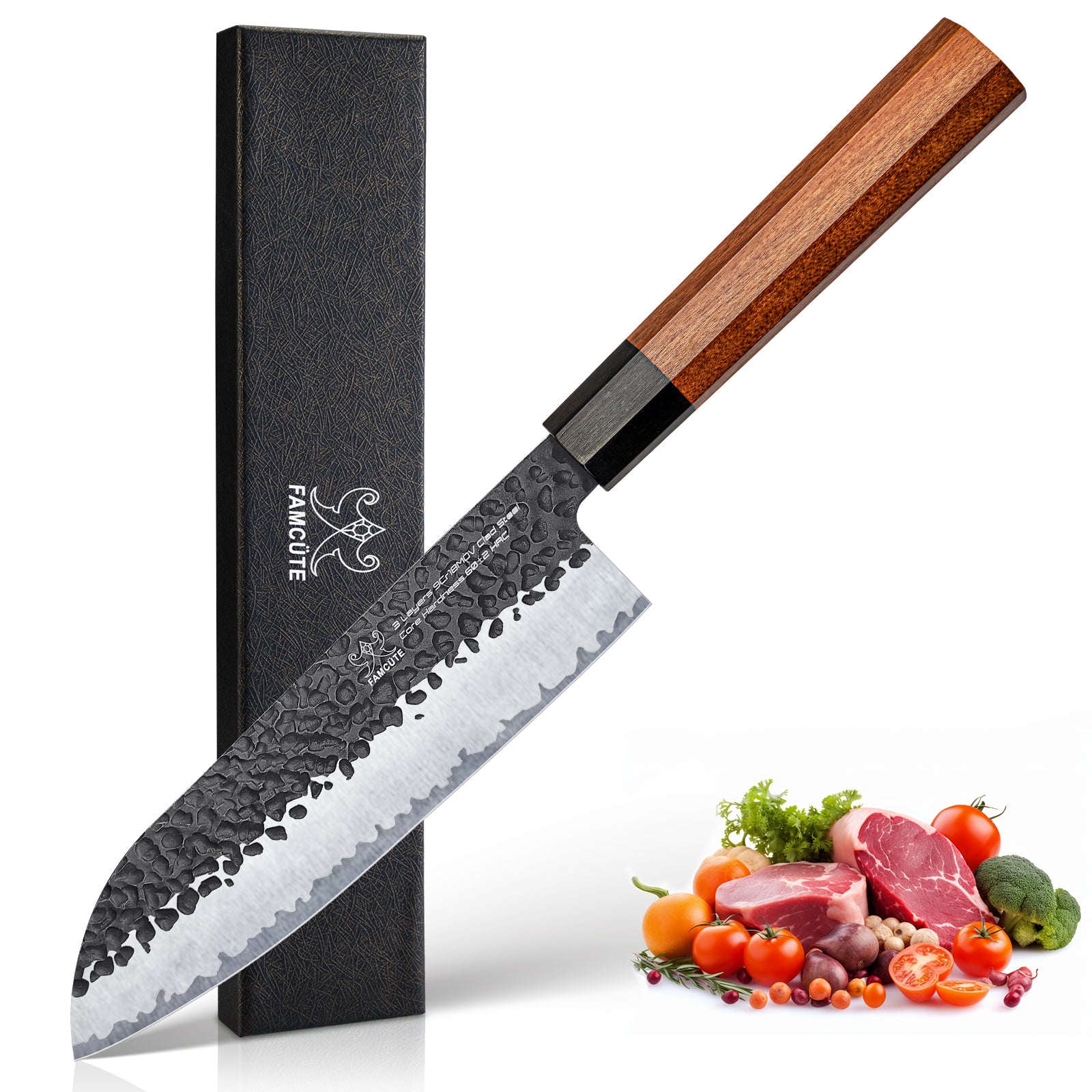 FAMCÜTE 7 inch Santoku knife, 3 Layer 9CR18MOV Clad Steel w/octagon Ha