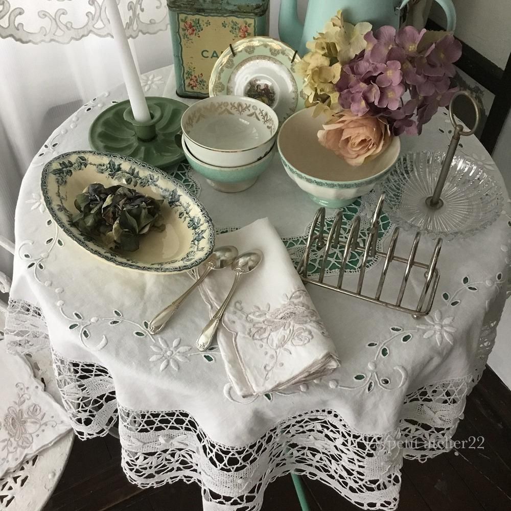 円形) フランス アンティーク リネン テーブルクロス ボビンレース